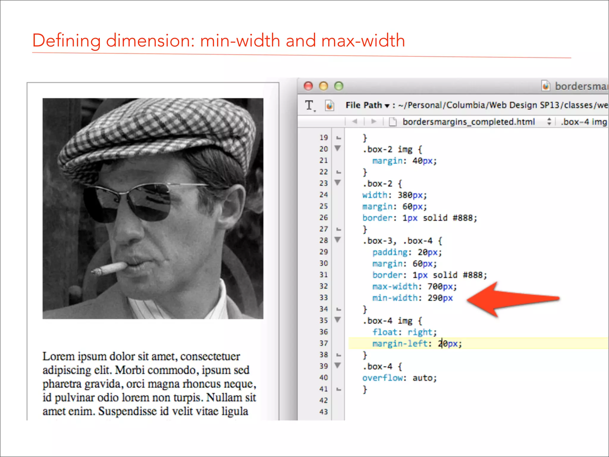 Defining dimension: width and height You can set the width and height of any element that has a display property of block or inline-block. As with type, you can set dimension in pixels (px), ems, or percentage (%). Setting any width with pixels is referred to as fixed-width, and setting width in ems or percentages is referred to as flexible-width. .size-me {  width: 200px;   height: 200px;  } ! ! 