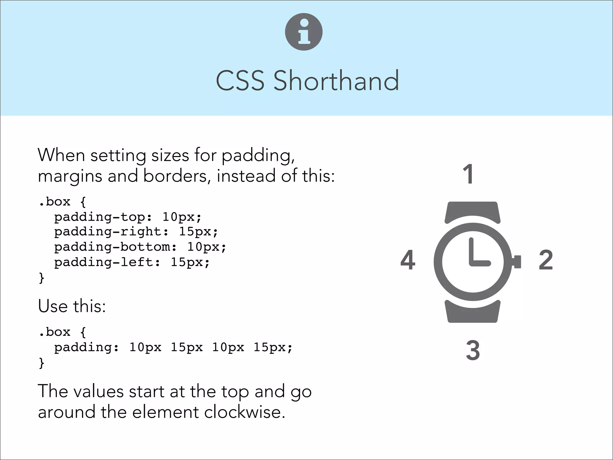 Defining padding & margins You can set the padding and margin properties of any element in css. Margin and padding dimensions can be also pixels (px), ems, or percentage (%). .space-me {  padding: 10px;   margin-bottom: 20px;  } ! ! ! 