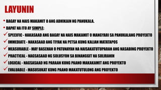 LAYUNIN
•BAGAY NA NAIS MAKAMIT O ANG ADHIKAIN NG PANUKALA.
•DAPAT NA ITO AY SIMPLE:
SPECIFIC - NAKASAAD ANG BAGAY NA NAIS MAKAMIT O MANGYARI SA PANUKALANG PROYEKTO
IMMEDIATE - NAKASAAD ANG TIYAK NA PETSA KUNG KALIAN MATATAPOS
MEASURABLE - MAY BASEHAN O PATUNAYAN NA NAISAKATUTUPARAN ANG NASABING PROYEKTO
PRACTICAL - NAGSASAAD NG SOLUSYON SA BINANGGIT NA SULIRANIN
LOGICAL - NAGSASAAD NG PARAAN KUNG PAANO MAKAKAMIT ANG PROYEKTO
EVALUABLE - MASUSUKAT KUNG PAANO MAKATUTULONG ANG PROYEKTO
 
