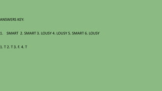 ANSWERS KEY:
1. SMART 2. SMART 3. LOUSY 4. LOUSY 5. SMART 6. LOUSY
1. T 2. T 3. F. 4. T
 