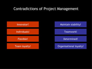 Contradictions of Project Management Innovator! Maintain stability! Individuals! Teamwork! Flexible! Determined! Team loyalty! Organisational loyalty! 