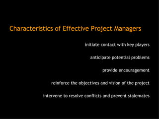Characteristics of Effective Project Managers initiate contact with key players anticipate potential problems provide encouragement reinforce the objectives and vision of the project intervene to resolve conflicts and prevent stalemates 
