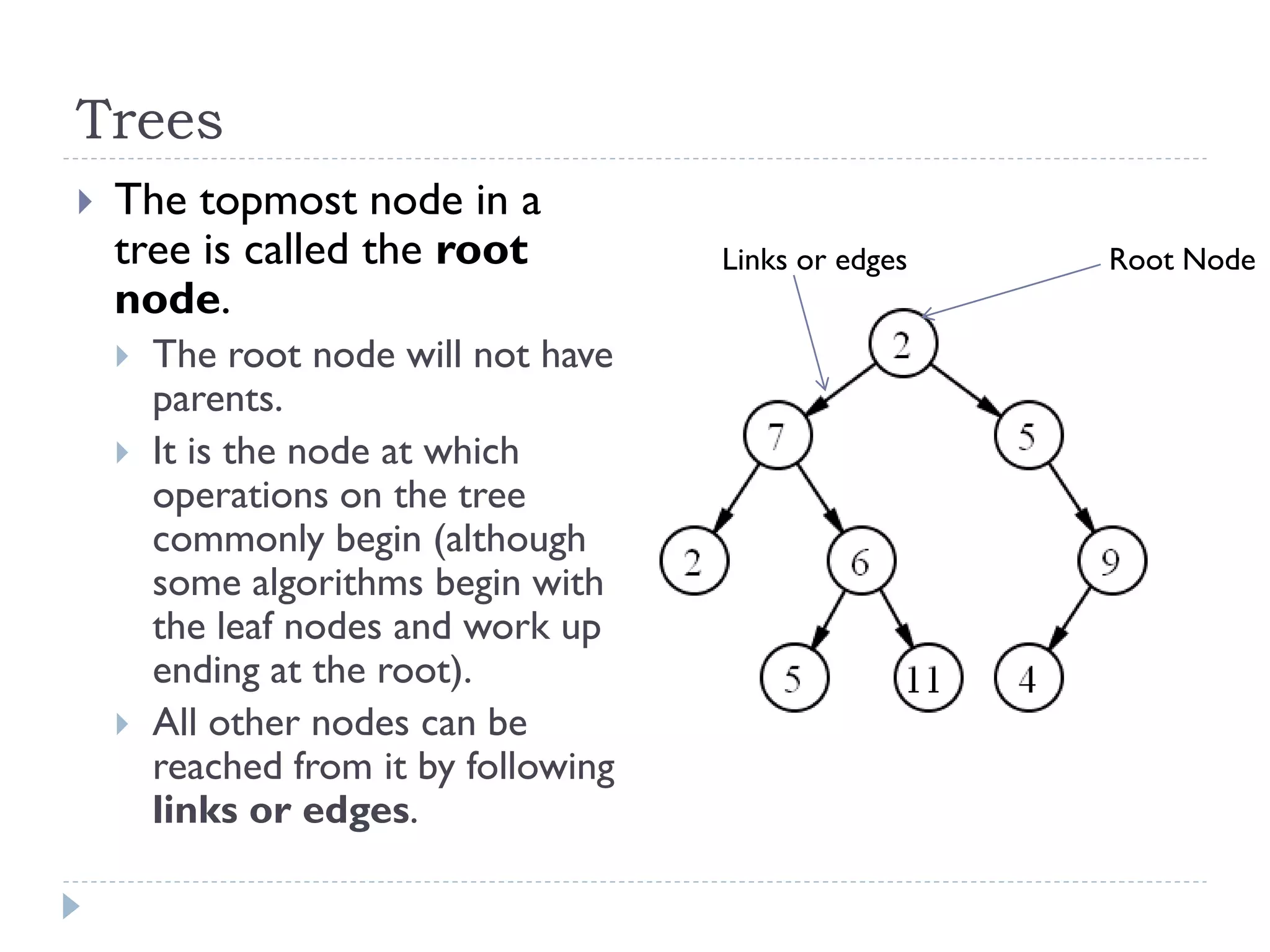 Trees
 The topmost node in a
tree is called the root
node.
 The root node will not have
parents.
 It is the node at which
operations on the tree
commonly begin (although
some algorithms begin with
the leaf nodes and work up
ending at the root).
 All other nodes can be
reached from it by following
links or edges.
Root NodeLinks or edges
 