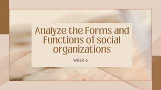 Analyze the Forms and
Functions of social
organizations
WEEK 6
 