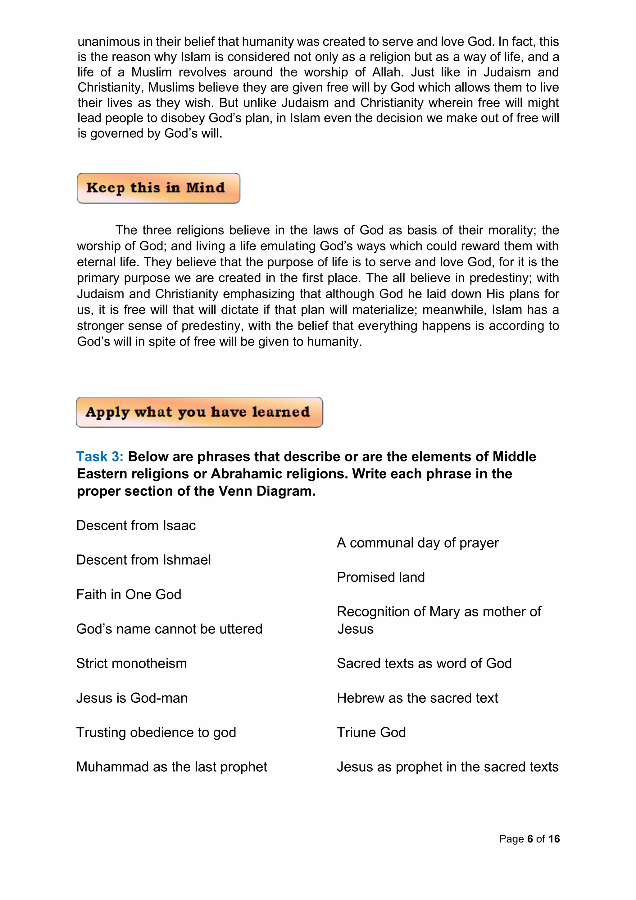 Page 6 of 16
unanimous in their belief that humanity was created to serve and love God. In fact, this
is the reason why Islam is considered not only as a religion but as a way of life, and a
life of a Muslim revolves around the worship of Allah. Just like in Judaism and
Christianity, Muslims believe they are given free will by God which allows them to live
their lives as they wish. But unlike Judaism and Christianity wherein free will might
lead people to disobey God’s plan, in Islam even the decision we make out of free will
is governed by God’s will.
The three religions believe in the laws of God as basis of their morality; the
worship of God; and living a life emulating God’s ways which could reward them with
eternal life. They believe that the purpose of life is to serve and love God, for it is the
primary purpose we are created in the first place. The all believe in predestiny; with
Judaism and Christianity emphasizing that although God he laid down His plans for
us, it is free will that will dictate if that plan will materialize; meanwhile, Islam has a
stronger sense of predestiny, with the belief that everything happens is according to
God’s will in spite of free will be given to humanity.
Task 3: Below are phrases that describe or are the elements of Middle
Eastern religions or Abrahamic religions. Write each phrase in the
proper section of the Venn Diagram.
Descent from Isaac
Descent from Ishmael
Faith in One God
God’s name cannot be uttered
Strict monotheism
Jesus is God-man
Trusting obedience to god
Muhammad as the last prophet
A communal day of prayer
Promised land
Recognition of Mary as mother of
Jesus
Sacred texts as word of God
Hebrew as the sacred text
Triune God
Jesus as prophet in the sacred texts
 
