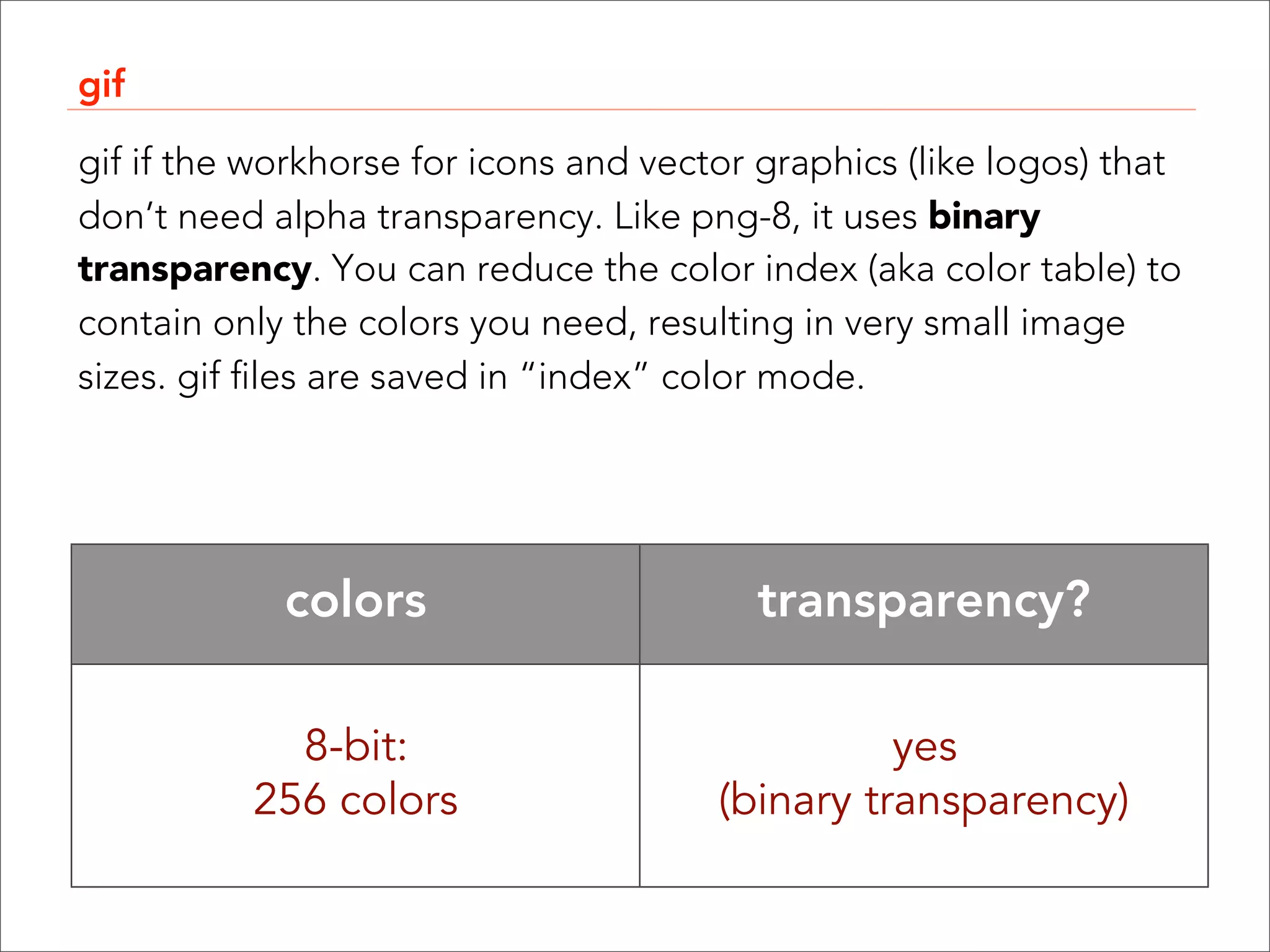 gif

gif if the workhorse for icons and vector graphics (like logos) that
don’t need alpha transparency. Like png-8, it uses binary
transparency. You can reduce the color index (aka color table) to
contain only the colors you need, resulting in very small image
sizes. gif files are saved in “index” color mode.




            colors                       transparency?

            8-bit:                               yes
          256 colors                   (binary transparency)
 