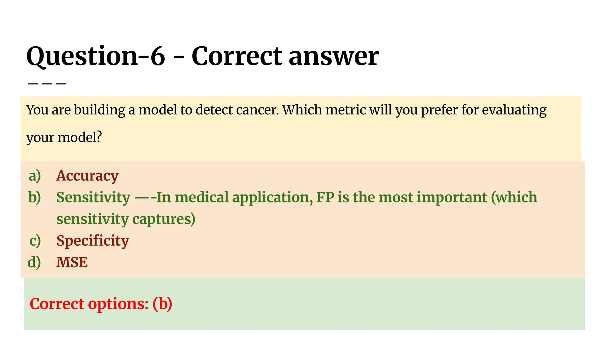 Question-6 - Correct answer
You are building a model to detect cancer. Which metric will you prefer for evaluating
your model?
a) Accuracy
b) Sensitivity —-In medical application, FP is the most important (which
sensitivity captures)
c) Speciﬁcity
d) MSE
Correct options: (b)
 