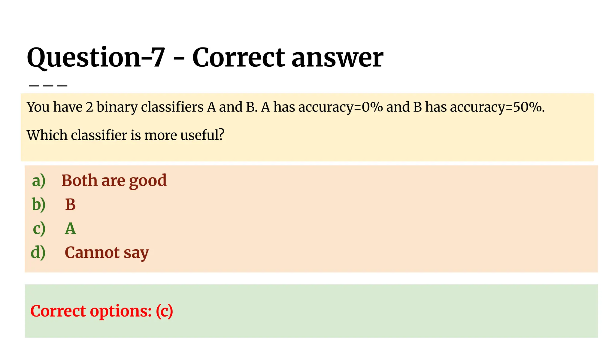 Question-7 - Correct answer
You have 2 binary classiﬁers A and B. A has accuracy=0% and B has accuracy=50%.
Which classiﬁer is more useful?
a) Both are good
b) B
c) A
d) Cannot say
Correct options: (c)
 