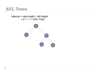 AVL Trees
3
2
4
balance = right height – left height
= 2 – 1 = 1 (AVL Tree)
1
5
 