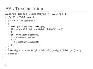 AVL Tree Insertion
 AvlTree Insert(ElementType X, AvlTree T)
 { // X > TElement
 If (X > TElement)
 {
 TRight = Insert(X,TRight);
 if (Height(TRight) – Height(TLeft) == 2)
 {
 If (x>TRightElement)
 T = LeftRotation(T);
Else
T = LeftRightRotation(T);
 }
 }
 THeight = Max(Height(TLeft),Height(TRight))+1;
 return T;
 }
 