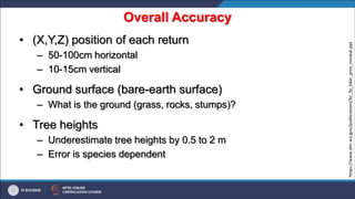 Overall Accuracy
• (X,Y,Z) position of each return
– 50-100cm horizontal
– 10-15cm vertical
• Ground surface (bare-earth surface)
– What is the ground (grass, rocks, stumps)?
• Tree heights
– Underestimate tree heights by 0.5 to 2 m
– Error is species dependent
https://www.dnr.wa.gov/publications/bc_fp_lidar_pres_moskal.ppt
 