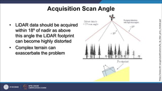 Acquisition Scan Angle
• LiDAR data should be acquired
within 18º of nadir as above
this angle the LiDAR footprint
can become highly distorted
• Complex terrain can
exascerbate the problem
https://www.dnr.wa.gov/publications/bc_fp_lidar_pres_moskal.ppt
 