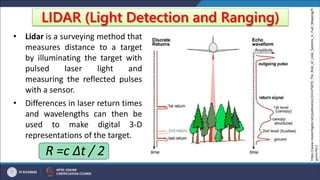 LIDAR (Light Detection and Ranging)
• Lidar is a surveying method that
measures distance to a target
by illuminating the target with
pulsed laser light and
measuring the reflected pulses
with a sensor.
• Differences in laser return times
and wavelengths can then be
used to make digital 3-D
representations of the target.
R =c Δt / 2
https://www.researchgate.net/publication/241475870_The_Role_of_Lidar_Systems_in_Fuel_Mapping/fi
gures?lo=1
 