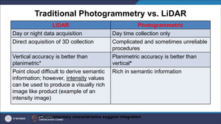 Traditional Photogrammetry vs. LiDAR
LiDAR Photogrammetric
Day or night data acquisition Day time collection only
Direct acquisition of 3D collection Complicated and sometimes unreliable
procedures
Vertical accuracy is better than
planimetric*
Planimetric accuracy is better than
vertical*
Point cloud difficult to derive semantic
information; however, intensity values
can be used to produce a visually rich
image like product (example of an
intensity image)
Rich in semantic information
*Complementary characteristics suggest integration
 