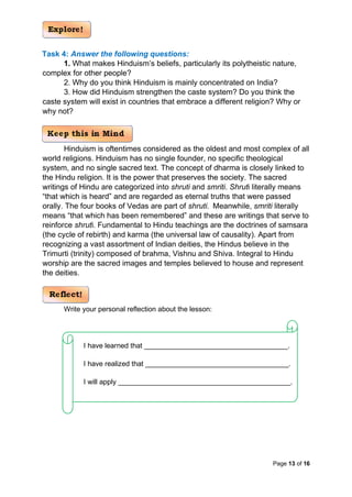 Page 13 of 16
Task 4: Answer the following questions:
1. What makes Hinduism’s beliefs, particularly its polytheistic nature,
complex for other people?
2. Why do you think Hinduism is mainly concentrated on India?
3. How did Hinduism strengthen the caste system? Do you think the
caste system will exist in countries that embrace a different religion? Why or
why not?
Hinduism is oftentimes considered as the oldest and most complex of all
world religions. Hinduism has no single founder, no specific theological
system, and no single sacred text. The concept of dharma is closely linked to
the Hindu religion. It is the power that preserves the society. The sacred
writings of Hindu are categorized into shruti and smriti. Shruti literally means
“that which is heard” and are regarded as eternal truths that were passed
orally. The four books of Vedas are part of shruti. Meanwhile, smriti literally
means “that which has been remembered” and these are writings that serve to
reinforce shruti. Fundamental to Hindu teachings are the doctrines of samsara
(the cycle of rebirth) and karma (the universal law of causality). Apart from
recognizing a vast assortment of Indian deities, the Hindus believe in the
Trimurti (trinity) composed of brahma, Vishnu and Shiva. Integral to Hindu
worship are the sacred images and temples believed to house and represent
the deities.
Write your personal reflection about the lesson:
I have learned that ________________
________________
______.
I have realized that ________________
_________________
_____.
I will apply _____________
_________________
_______________.
 