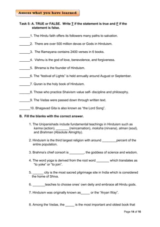 Page 14 of 16
Task 5: A. TRUE or FALSE. Write T if the statement is true and F if the
statement is false.
______1. The Hindu faith offers its followers many paths to salvation.
______2. There are over 500 million devas or Gods in Hinduism.
______3. The Ramayana contains 2400 verses in 6 books.
______4. Vishnu is the god of love, benevolence, and forgiveness.
______5. Bhrama is the founder of Hinduism.
______6. The “festival of Lights” is held annually around August or September.
______7. Quran is the holy book of Hinduism.
______8. Those who practice Shaivism value self- discipline and philosophy.
______9. The Vedas were passed down through written text.
______10. Bhagavad Gita is also known as “the Lord Song”.
B. Fill the blanks with the correct answer.
1. The Unipanishads include fundamental teachings in Hinduism such as
karma (action), _______ (reincarnation), moksha (nirvana), atman (soul),
and Brahman (Absolute Almighty).
2. Hinduism is the third largest religion with around ________percent of the
entire population.
3. Brahma’s chief consort is ________, the goddess of science and wisdom.
4. The word yoga is derived from the root word _______ which translates as
“to yoke” or “to join”.
5. ______ city is the most sacred pilgrimage site in India which is considered
the home of Shiva.
6. _______teaches to choose ones’ own deity and embrace all Hindu gods.
7. Hinduism was originally known as_____ or the “Aryan Way”.
8. Among the Vedas, the _____ is the most important and oldest book that
 