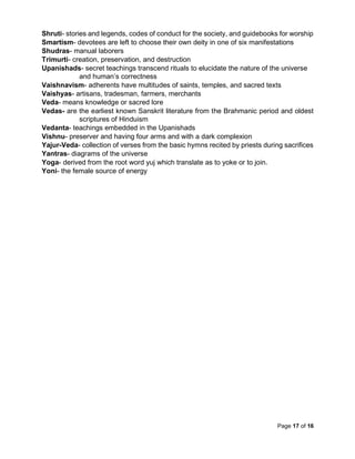 Page 17 of 16
Shruti- stories and legends, codes of conduct for the society, and guidebooks for worship
Smartism- devotees are left to choose their own deity in one of six manifestations
Shudras- manual laborers
Trimurti- creation, preservation, and destruction
Upanishads- secret teachings transcend rituals to elucidate the nature of the universe
and human’s correctness
Vaishnavism- adherents have multitudes of saints, temples, and sacred texts
Vaishyas- artisans, tradesman, farmers, merchants
Veda- means knowledge or sacred lore
Vedas- are the earliest known Sanskrit literature from the Brahmanic period and oldest
scriptures of Hinduism
Vedanta- teachings embedded in the Upanishads
Vishnu- preserver and having four arms and with a dark complexion
Yajur-Veda- collection of verses from the basic hymns recited by priests during sacrifices
Yantras- diagrams of the universe
Yoga- derived from the root word yuj which translate as to yoke or to join.
Yoni- the female source of energy
 