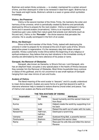 Page 7 of 16
Brahman and certain Hindu scriptures — is created, maintained for a certain amount
of time, and then destroyed in order to be renewed in ideal form again. Brahma has a
four heads and eight hands. Brahma’s vehicle is a swan or goose which symbolize
knowledge.
Vishnu, the Preserver
Vishnu is the second member of the Hindu Trinity. He maintains the order and
harmony of the universe, which is periodically created by Brahma and periodically
destroyed by Shiva to prepare for the next creation. Vishnu is worshipped in many
forms and in several avatars (incarnations). Vishnu is an important, somewhat
mysterious god. Less visible than nature gods that preside over elements (such as
fire and rain), Vishnu is the “Pervader” - the divine essence that pervades the
universe. He is usually worshipped in the form of an avatar.
Shiva, the Destroyer
Shiva is the third member of the Hindu Trinity, tasked with destroying the
universe in order to prepare for its renewal at the end of each cycle of time. Shiva’s
destructive power is regenerative: It’s the necessary step that makes renewal
possible. Hindus customarily invoke Shiva before the beginning of any religious or
spiritual endeavour; they believe that any bad vibrations in the immediate vicinity of
worship are eliminated by the mere utterance of his praise or name.
Ganapati, the Remover of Obstacles
Ganapati, also known as Ganesha, is Shiva’s first son. Lord Ganapati, who
has an elephant head, occupies a very special place in the hearts of Hindus because
they consider him the Remover of Obstacles. Most Hindu households have a picture
or statue of this godhead, and it’s not uncommon to see small replicas of Ganapati
hanging from rear view mirrors of cars and trucks.
Avatars of Vishnu
The literal meaning of the word avatar is “descent,” and it’s usually understood
to mean divine descent. Avatars are savior forms of a god that descend to earth to
intervene whenever help is needed to restore dharma (moral order) and peace. Two
of Vishnu’s ten avatars are Rama and Krishna.
THE TEN AVATARS OF VISHNU
Incarnation Forms Attributes
Matsya fish Saved humanity and the sacred Veda text
from flood
Kurma turtle Helped create the world by supporting it on
his back
Varaha boar Raised the earth out of water with his tusks
Narasimha Half-man,
half-lion
Destroyed a tyrant king
Vamana dwarf Subdued King Bali, a powerful demon
Parshurama Brahmin Destroyed the warrior class
Rama man Rescued his wife Sita and killed the demon
Ravana
 