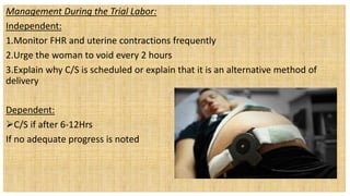 Management During the Trial Labor:
Independent:
1.Monitor FHR and uterine contractions frequently
2.Urge the woman to void every 2 hours
3.Explain why C/S is scheduled or explain that it is an alternative method of
delivery
Dependent:
C/S if after 6-12Hrs
If no adequate progress is noted
 