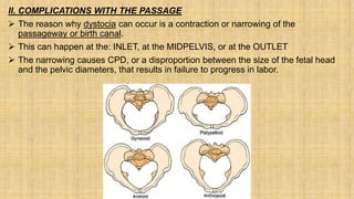 II. COMPLICATIONS WITH THE PASSAGE
 The reason why dystocia can occur is a contraction or narrowing of the
passageway or birth canal.
 This can happen at the: INLET, at the MIDPELVIS, or at the OUTLET
 The narrowing causes CPD, or a disproportion between the size of the fetal head
and the pelvic diameters, that results in failure to progress in labor.
 