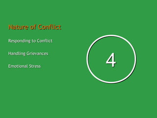 Nature of Conflict

Responding to Conflict




                         4
Handling Grievances

Emotional Stress
 