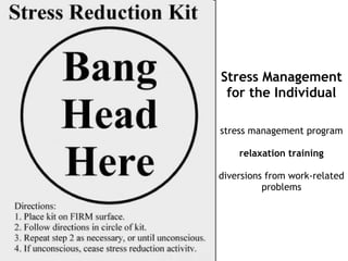 Stress Management
 for the Individual

stress management program

    relaxation training

diversions from work-related
          problems
 