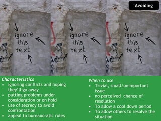 Characteristics ignoring conflicts and hoping they’ll go away putting problems under consideration or on hold use of secrecy to avoid confrontation appeal to bureaucratic rules Avoiding When to use Trivial, small/unimportant issue no perceived  chance of resolution To allow a cool down period To allow others to resolve the situation 