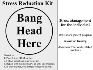 Stress Management for the Individual stress management program relaxation training diversions from work-related problems 