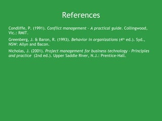 References Condliffe, P. (1991).  Conflict management – A practical guide . Collingwood, Vic.: RMIT. Greenberg, J. & Baron, R. (1993).  Behavior in organizations  (4 th  ed.). Syd., NSW: Allyn and Bacon.  Nicholas, J. (2001).  Project management for business technology – Principles and practice  (2nd ed.). Upper Saddle River, N.J.: Prentice-Hall.  