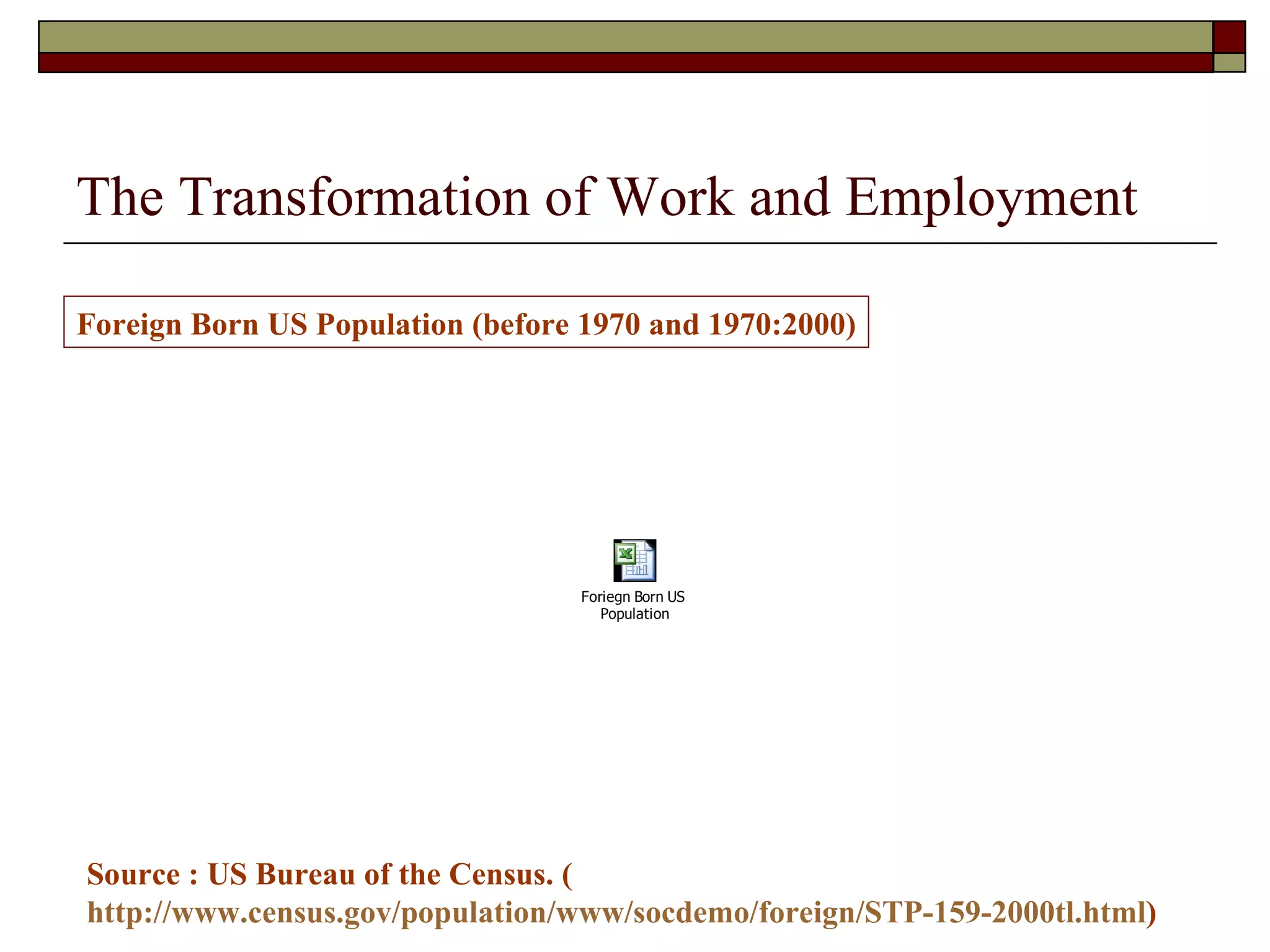 The Transformation of Work and Employment Source : US Bureau of the Census. ( http://www.census.gov/population/www/socdemo/foreign/STP-159-2000tl.html ) Foreign Born US Population (before 1970 and 1970:2000) 