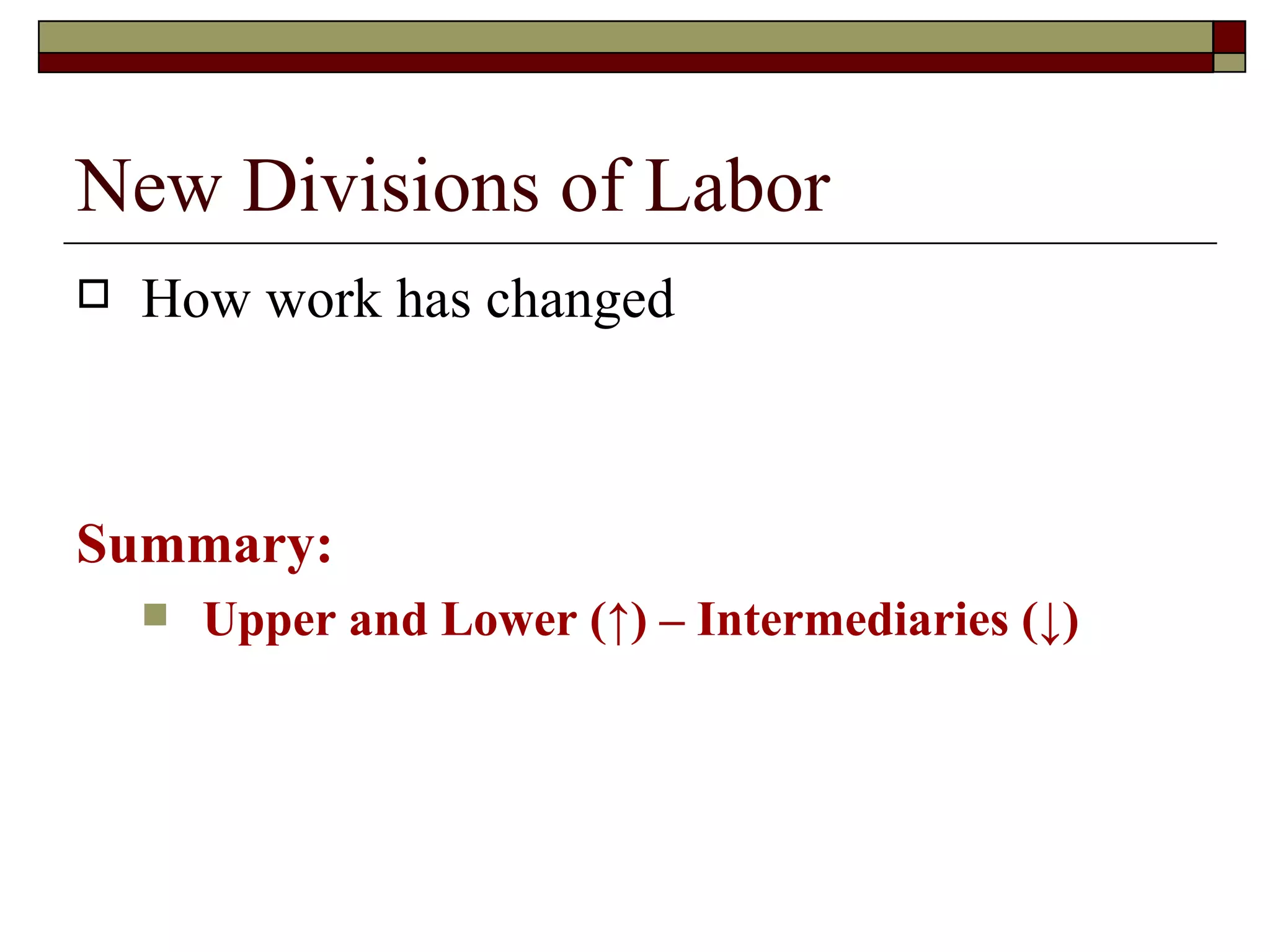 New Divisions of Labor How work has changed Summary:  Upper and Lower ( ↑ ) – Intermediaries ( ↓) 