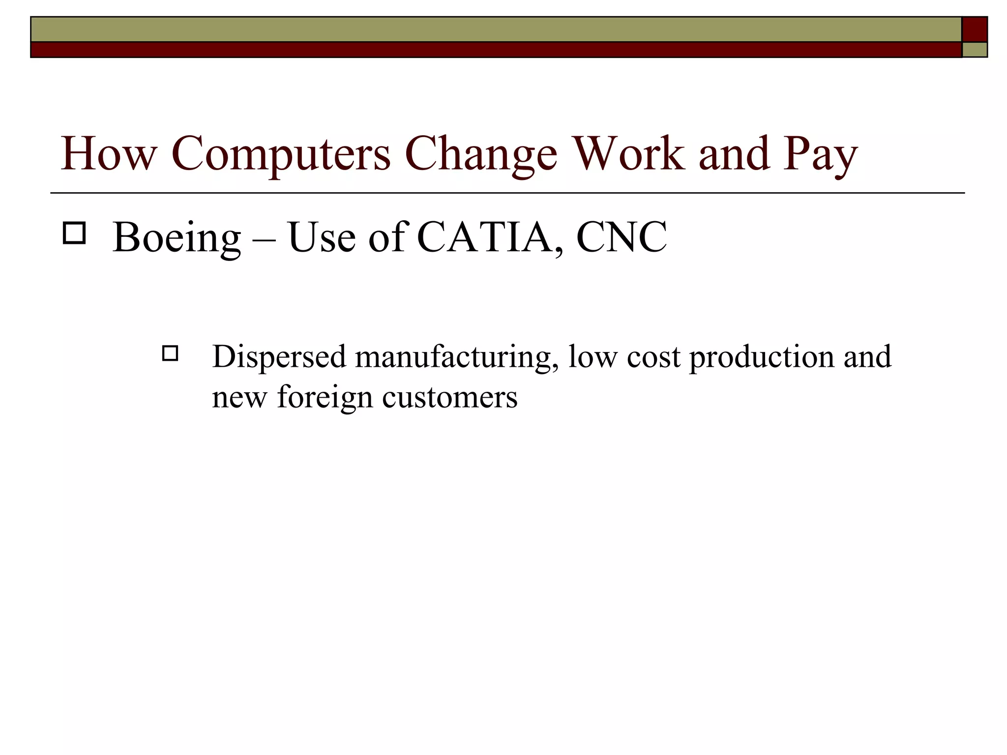 How Computers Change Work and Pay Boeing – Use of CATIA, CNC Dispersed manufacturing, low cost production and new foreign customers 
