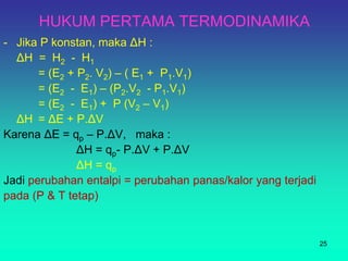 HUKUM PERTAMA TERMODINAMIKA
- Jika P konstan, maka ΔH :
ΔH = H2 - H1
= (E2 + P2. V2) – ( E1 + P1.V1)
= (E2 - E1) – (P2.V2 - P1.V1)
= (E2 - E1) + P (V2 – V1)
ΔH = ΔE + P.ΔV
Karena ΔE = qp – P.ΔV, maka :
ΔH = qp- P.ΔV + P.ΔV
ΔH = qp
Jadi perubahan entalpi = perubahan panas/kalor yang terjadi
pada (P & T tetap)
25
 