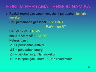 HUKUM PERTAMA TERMODINAMIKA
b. Reaksi-reaksi gas yang mengalami perubahan jumlah
molekul
Dari persamaan gas ideal : PV = nRT
P.ΔV = Δn.RT
Dari ΔH = ΔE + P. ΔV
maka : ΔH = ΔE + Δn.RT
Keterangan :
ΔH = perubahan entalpi
ΔE = perubahan energi
Δn = perubahan jumlah molekul
R = tetapan gas umum : 1,987 kalori/mol.K
28
 