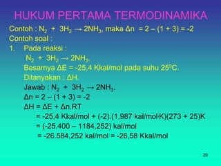 HUKUM PERTAMA TERMODINAMIKA
Contoh : N2 + 3H2 → 2NH3, maka Δn = 2 – (1 + 3) = -2
Contoh soal :
1. Pada reaksi :
N2 + 3H2 → 2NH3.
Besarnya ΔE = -25,4 Kkal/mol pada suhu 250C.
Ditanyakan : ΔH.
Jawab : N2 + 3H2 → 2NH3.
Δn = 2 – (1 + 3) = -2
ΔH = ΔE + Δn.RT
= -25,4 Kkal/mol + (-2).(1,987 kal/mol.K)(273 + 25)K
= (-25.400 – 1184,252) kal/mol
= -26.584,252 kal/mol = -26,58 Kkal/mol
29
 
