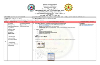 Republic of the Philippines
Department of Education
National Capital Region
Division of Taguig and Pateros
PRES. DIOSDADO MACAPAGAL HIGH SCHOOL
Signal Village National High School- Annex
8th
Street, Barangay Katuparan, GHQ Village, Taguig City
Tel No: 838-56428
TEACHER: MRS. AMIE D. CANDELARIA
QUARTER: 1ST QUARTER (1st
SEMESTER) GRADE LEVEL: GRADE 11 – Ruby M/T 11:30-12:30, WTh 12:30- 1:30; Emerald M/T 12:20-1:30, WTh 1:30-2:30
WEEK: WEEK 9 (OCT 17 - 21, 2022) LEARNING AREA: GENERAL MATHEMATICS
MELC/s: The learner demonstrates understanding of key concepts of logarithmic functions.
DAY OBJECTIVES TOPIC/s CLASSROOM-BASED ACTIVITIES HOME-BASED ACTIVITIES
1
The learner
distinguishes
logarithmic function,
logarithmic
equation, and
logarithmic
inequality.
M11GM-Ih-2
Convert from
exponential to
logarithmic form.
Change from
logarithmic form to
exponential.
Writing Logarithmic
Equations In
Exponential Form
A. Subject Matter: Writing Logarithmic Equations In Exponential Form
a. Reference: General Mathematics Module, GM Book by Orance pp129-134
https://youtu.be/sou4NFobnJE
b. Materials: PowerPoint Presentation, chalk and whiteboard.
c. Value Integration: The art of staying focused and courage to engage in discussion. Time-Consciousness.
B. Routinary Activities
a. Prayer
b. Checking of Attendance/Mental Check
c. Cleanliness and classroom health rules and protocols
d. Checking of Assignment (if any)
C. Review
BMB. Bring Me Back. TRIVIA
LOGARITHM
From the word LOGOS means study or “reckoning” and ARITHMOS means “number “made up by JOHN NAPIER
What sign I am with?
ZIA presentation by group leaders.
D. Motivation
Logarithmic Function, Logarithmic Equation and Logarithmic Inequality
Direction: Identify whether the following as (A) equation, (B) inequality or (C) function.
1. log4 3𝑥 = 5
2. 𝑓(𝑥) = log2 4𝑥 + 1
3. 8 ≤ log2 3𝑥 − 3
4. 𝑦 = log5 2𝑥
5. log7 3𝑥 + log7 2 = 1
6. log6 3𝑥 > 2
I. Assignment:
Take time to watch the link for advanced
study. https://youtu.be/ki3EBVo7UBs
 