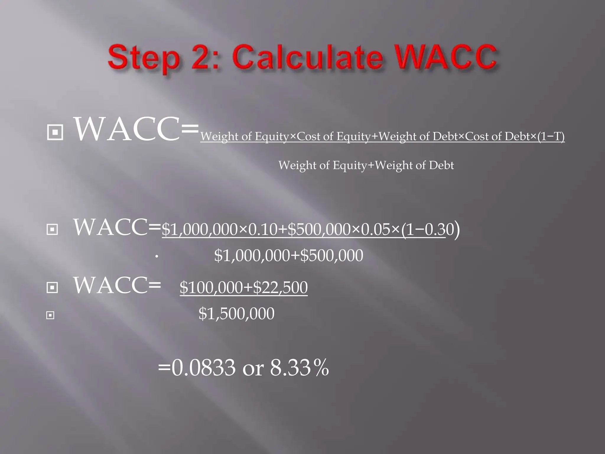  WACC=Weight of Equity×Cost of Equity+Weight of Debt×Cost of Debt×(1−T)
Weight of Equity+Weight of Debt
 WACC=$1,000,000×0.10+$500,000×0.05×(1−0.30)
 $1,000,000+$500,000
 WACC= $100,000+$22,500
 $1,500,000
=0.0833 or 8.33%
 