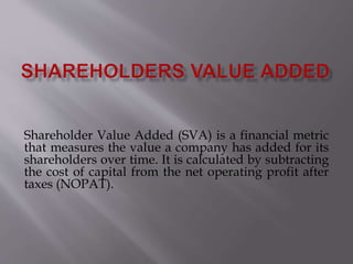 Shareholder Value Added (SVA) is a financial metric
that measures the value a company has added for its
shareholders over time. It is calculated by subtracting
the cost of capital from the net operating profit after
taxes (NOPAT).
 