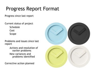 Progress Report Format
Progress since last report


Current status of project
    Schedule
    Cost
    Scope

Problems and issues since last
report
    Actions and resolution of
      earlier problems
    New variances and
      problems identified

Corrective action planned
 