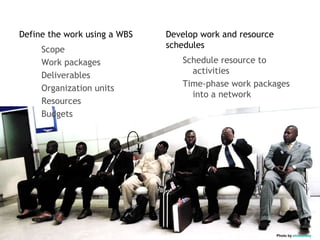 Define the work using a WBS   Develop work and resource
                              schedules
     Scope
     Work packages               Schedule resource to
                                   activities
     Deliverables
                                 Time-phase work packages
     Organization units
                                   into a network
     Resources
     Budgets




                                                          Photo by shimonkey
 