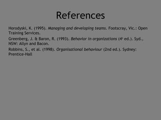 References
Horodyski, K. (1995). Managing and developing teams. Footscray, Vic.: Open
Training Services.
Greenberg, J. & Baron, R. (1993). Behavior in organizations (4th ed.). Syd.,
NSW: Allyn and Bacon.
Robbins, S., et al. (1998). Organisational behaviour (2nd ed.). Sydney:
Prentice-Hall
 