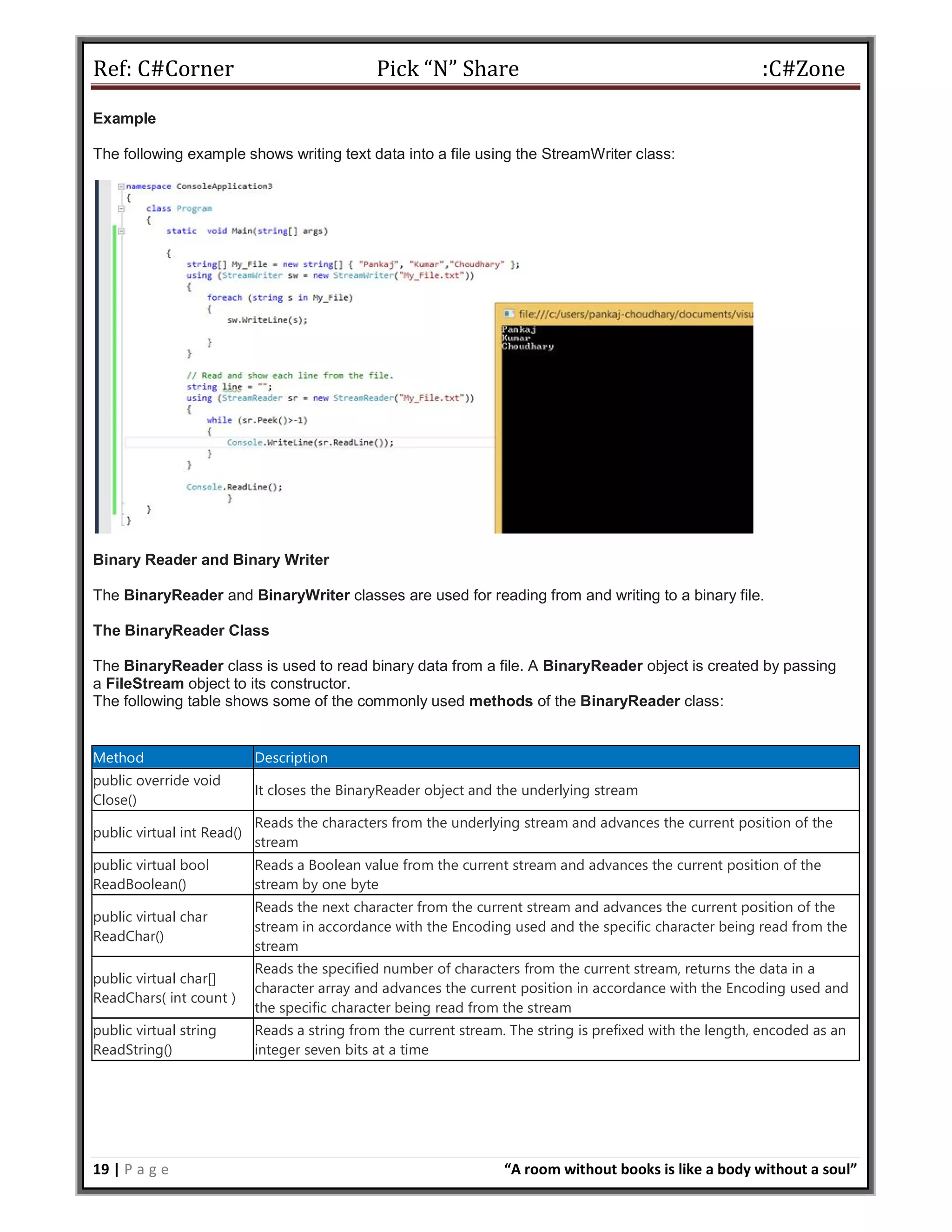 Ref: C#Corner Pick “N” Share :C#Zone
19 | P a g e “A room without books is like a body without a soul”
Example
The following example shows writing text data into a file using the StreamWriter class:
Binary Reader and Binary Writer
The BinaryReader and BinaryWriter classes are used for reading from and writing to a binary file.
The BinaryReader Class
The BinaryReader class is used to read binary data from a file. A BinaryReader object is created by passing
a FileStream object to its constructor.
The following table shows some of the commonly used methods of the BinaryReader class:
Method Description
public override void
Close()
It closes the BinaryReader object and the underlying stream
public virtual int Read()
Reads the characters from the underlying stream and advances the current position of the
stream
public virtual bool
ReadBoolean()
Reads a Boolean value from the current stream and advances the current position of the
stream by one byte
public virtual char
ReadChar()
Reads the next character from the current stream and advances the current position of the
stream in accordance with the Encoding used and the specific character being read from the
stream
public virtual char[]
ReadChars( int count )
Reads the specified number of characters from the current stream, returns the data in a
character array and advances the current position in accordance with the Encoding used and
the specific character being read from the stream
public virtual string
ReadString()
Reads a string from the current stream. The string is prefixed with the length, encoded as an
integer seven bits at a time
 
