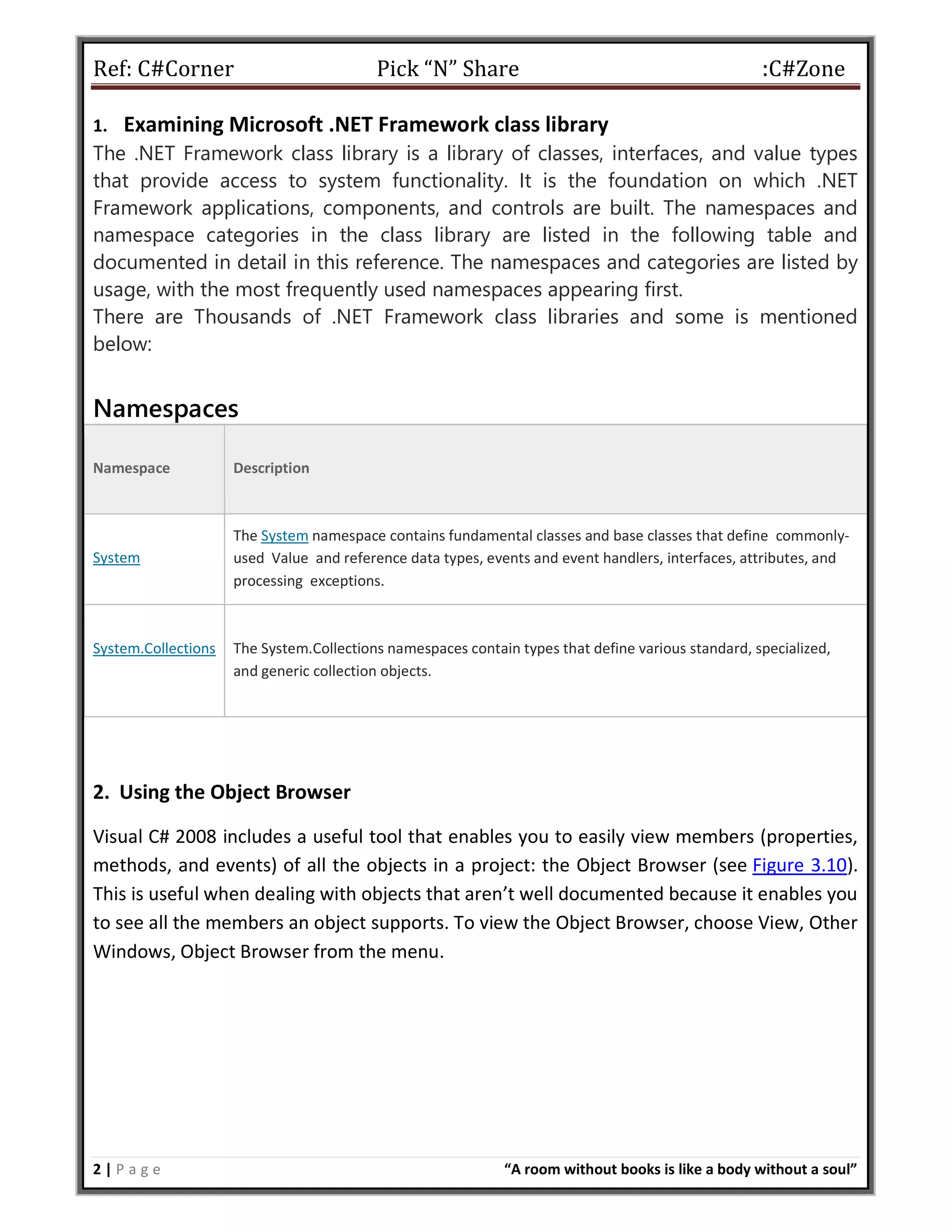 Ref: C#Corner Pick “N” Share :C#Zone
2 | P a g e “A room without books is like a body without a soul”
1. Examining Microsoft .NET Framework class library
The .NET Framework class library is a library of classes, interfaces, and value types
that provide access to system functionality. It is the foundation on which .NET
Framework applications, components, and controls are built. The namespaces and
namespace categories in the class library are listed in the following table and
documented in detail in this reference. The namespaces and categories are listed by
usage, with the most frequently used namespaces appearing first.
There are Thousands of .NET Framework class libraries and some is mentioned
below:
Namespaces
Namespace Description
System
The System namespace contains fundamental classes and base classes that define commonly-
used Value and reference data types, events and event handlers, interfaces, attributes, and
processing exceptions.
System.Collections The System.Collections namespaces contain types that define various standard, specialized,
and generic collection objects.
2. Using the Object Browser
Visual C# 2008 includes a useful tool that enables you to easily view members (properties,
methods, and events) of all the objects in a project: the Object Browser (see Figure 3.10).
This is useful when dealing with objects that aren’t well documented because it enables you
to see all the members an object supports. To view the Object Browser, choose View, Other
Windows, Object Browser from the menu.
 
