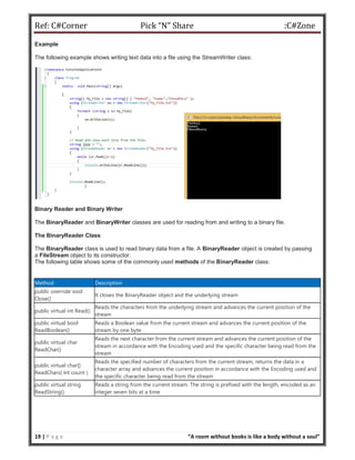Ref: C#Corner Pick “N” Share :C#Zone
19 | P a g e “A room without books is like a body without a soul”
Example
The following example shows writing text data into a file using the StreamWriter class:
Binary Reader and Binary Writer
The BinaryReader and BinaryWriter classes are used for reading from and writing to a binary file.
The BinaryReader Class
The BinaryReader class is used to read binary data from a file. A BinaryReader object is created by passing
a FileStream object to its constructor.
The following table shows some of the commonly used methods of the BinaryReader class:
Method Description
public override void
Close()
It closes the BinaryReader object and the underlying stream
public virtual int Read()
Reads the characters from the underlying stream and advances the current position of the
stream
public virtual bool
ReadBoolean()
Reads a Boolean value from the current stream and advances the current position of the
stream by one byte
public virtual char
ReadChar()
Reads the next character from the current stream and advances the current position of the
stream in accordance with the Encoding used and the specific character being read from the
stream
public virtual char[]
ReadChars( int count )
Reads the specified number of characters from the current stream, returns the data in a
character array and advances the current position in accordance with the Encoding used and
the specific character being read from the stream
public virtual string
ReadString()
Reads a string from the current stream. The string is prefixed with the length, encoded as an
integer seven bits at a time
 