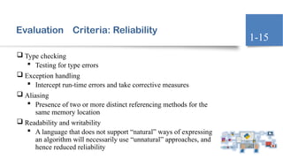 Evaluation Criteria: Reliability
 Type checking
 Testing for type errors
 Exception handling
 Intercept run-time errors and take corrective measures
 Aliasing
 Presence of two or more distinct referencing methods for the
same memory location
 Readability and writability
 A language that does not support “natural” ways of expressing
an algorithm will necessarily use “unnatural” approaches, and
hence reduced reliability
1-15
 