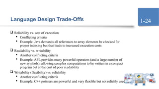 Language Design Trade-Offs
 Reliability vs. cost of execution
 Conflicting criteria
 Example: Java demands all references to array elements be checked for
proper indexing but that leads to increased execution costs
 Readability vs. writability
 Another conflicting criteria
 Example: APL provides many powerful operators (and a large number of
new symbols), allowing complex computations to be written in a compact
program but at the cost of poor readability
 Writability (flexibility) vs. reliability
 Another conflicting criteria
 Example: C++ pointers are powerful and very flexible but not reliably used
1-24
 