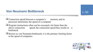 Von Neumann Bottleneck
 Connection speed between a computer’s memory and its
processor determines the speed of a computer
 Program instructions often can be executed a lot faster than the
above connection speed; the connection speed thus results in a
bottleneck
 Known as von Neumann bottleneck; it is the primary limiting factor
in the speed of computers
1-30
 