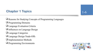 Chapter 1 Topics
 Reasons for Studying Concepts of Programming Languages
 Programming Domains
 Language Evaluation Criteria
 Influences on Language Design
 Language Categories
 Language Design Trade-Offs
 Implementation Methods
 Programming Environments
1-6
 