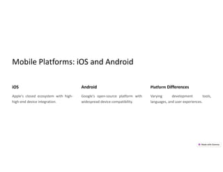 Mobile Platforms: iOS and Android
iOS
Apple's closed ecosystem with high-
high-end device integration.
Android
Google's open-source platform with
widespread device compatibility.
Platform Differences
Varying development tools,
languages, and user experiences.
 