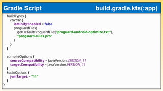 buildTypes {
release {
isMinifyEnabled = false
proguardFiles(
getDefaultProguardFile("proguard-android-optimize.txt"),
"proguard-rules.pro"
)
}
}
compileOptions {
sourceCompatibility = JavaVersion.VERSION_11
targetCompatibility = JavaVersion.VERSION_11
}
kotlinOptions {
jvmTarget = "11"
}
}
Gradle Script build.gradle.kts(:app)
 